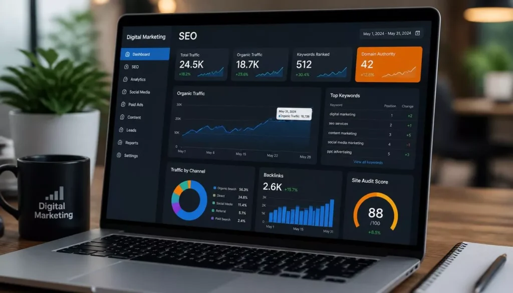 Digital marketing analytics dashboard showing SEO growth and business performance