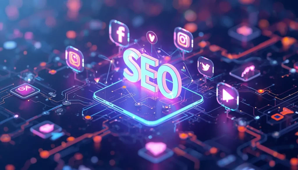 Digital marketing concept with SEO, social media, and online brand promotion icons