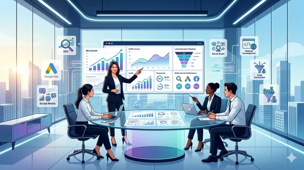 Digital marketing team analyzing SEO growth and marketing performance